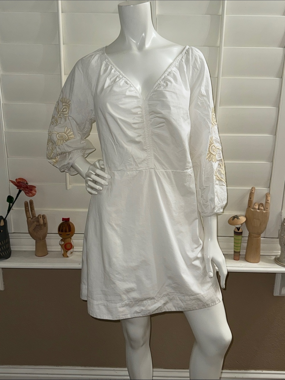 LOFT Floral Embroidered Poplin Shirred Mini Dress White